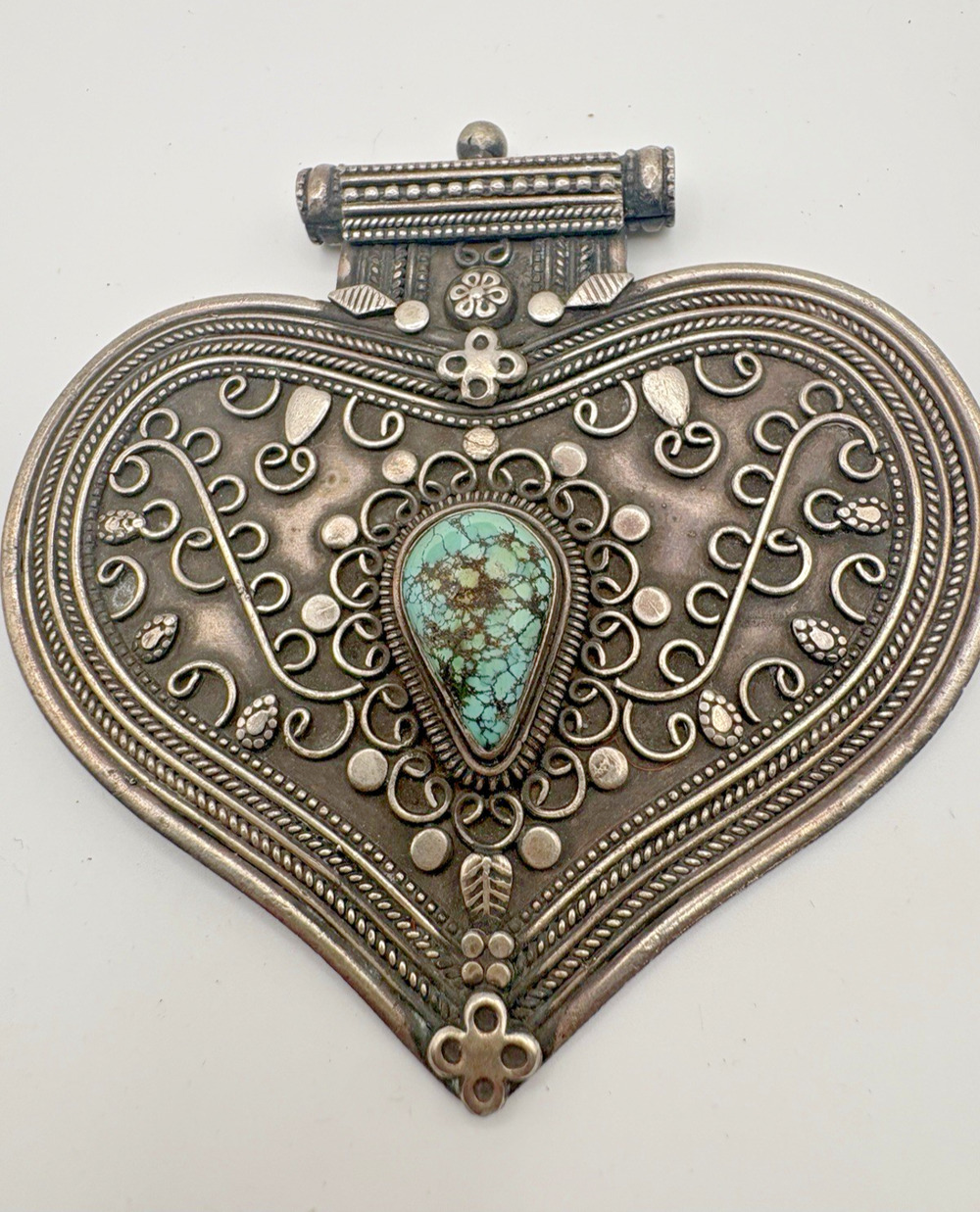 Large Statement Turkoman Silver Turquoise Pendant Signed "RA" Handcrafted Boho